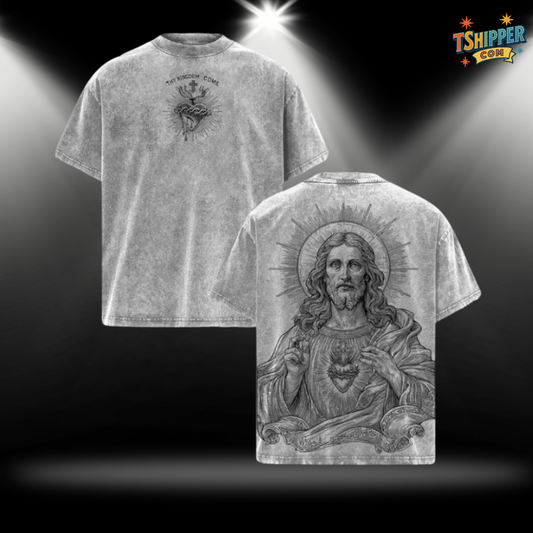 Sacred Heart Jesus – Vintage Washed Christian Oversized Tee / Hoodie