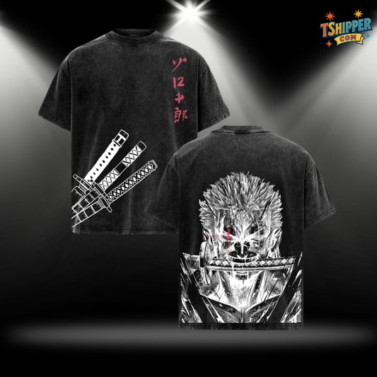 Zoro “Three Sword Style” One Piece Vintage Washed Oversized T-Shirt – Double Printed Anime Graphic Tee