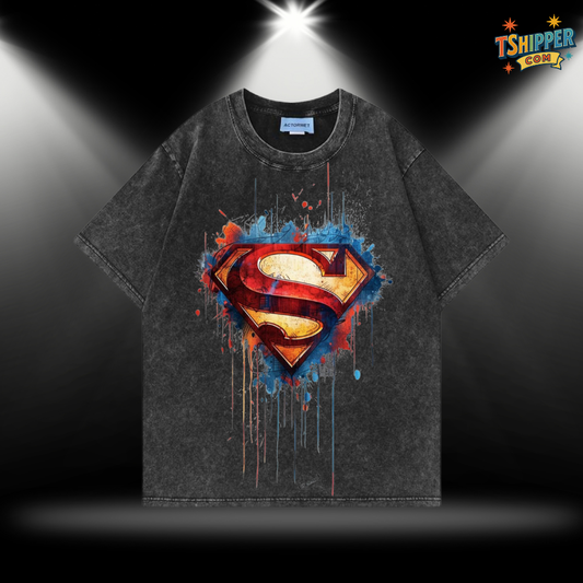 Oversized Washed Superman Paint Splash Logo T-Shirt Retro Cotton Tee