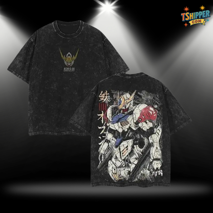 Gundam Barbatos Vintage Washed Tee – Double Printed Oversized Heavy Cotton T-Shirt