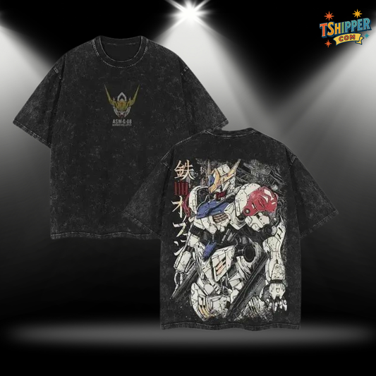 Gundam Barbatos Vintage Washed Tee – Double Printed Oversized Heavy Cotton T-Shirt