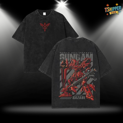 Gundam Sazabi Vintage Washed Oversized Tee – Red Mobile Suit Graphic T-Shirt